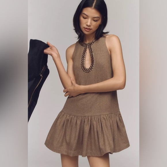 NWT! By Anthropologie Brown Beaded Keyhole Sleeveless Mini Dress - Multiple 🥐 - Picture 3 of 9